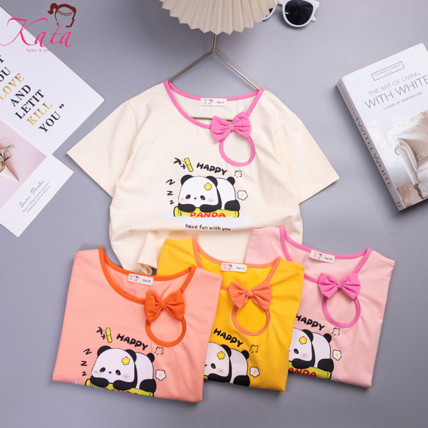 Áo Thun Bé Gái Panda Đính Nơ Cổ Xinh Xắn 22-55kg | Áo Bé Gái Cotton Mềm Mát Kata Fashion