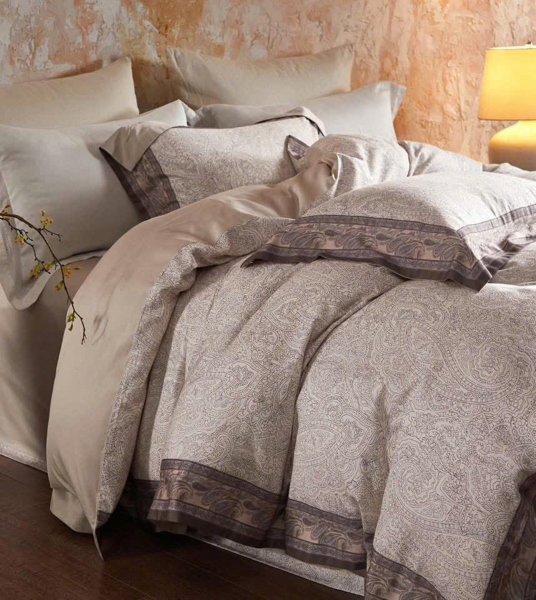 Bộ ga "Dạ khúc" | Len cừu Merino, Họa tiết Paisley , viền nâu - MLV07.01 - Màu ghi